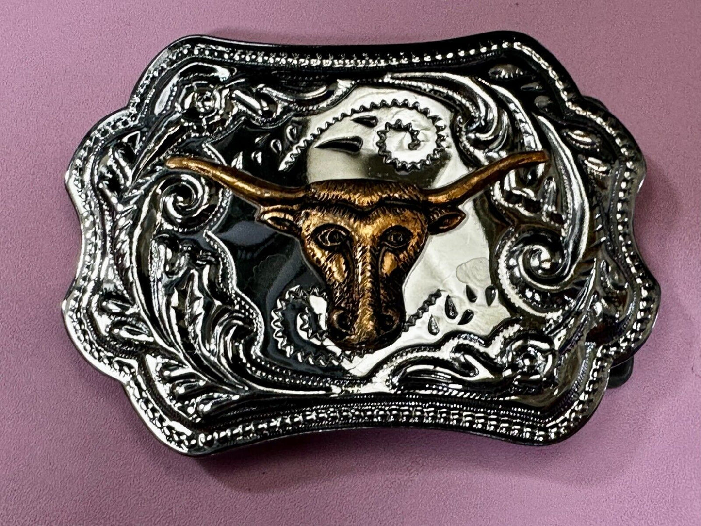 Texas Longhorn Rodeo Steer Bull Vintage Two Tone Western Cowboy's Belt Buckle
