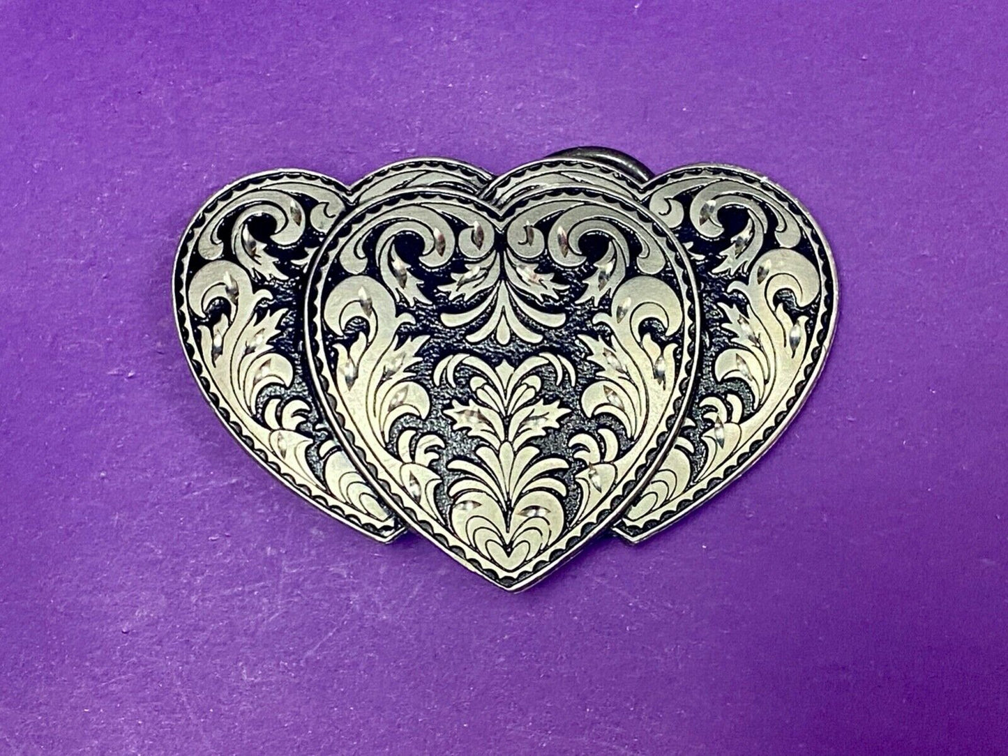 Three Hearts Ornate Flower Swirl / Cut Out Belt Buckle - Vintage 1995 C+J