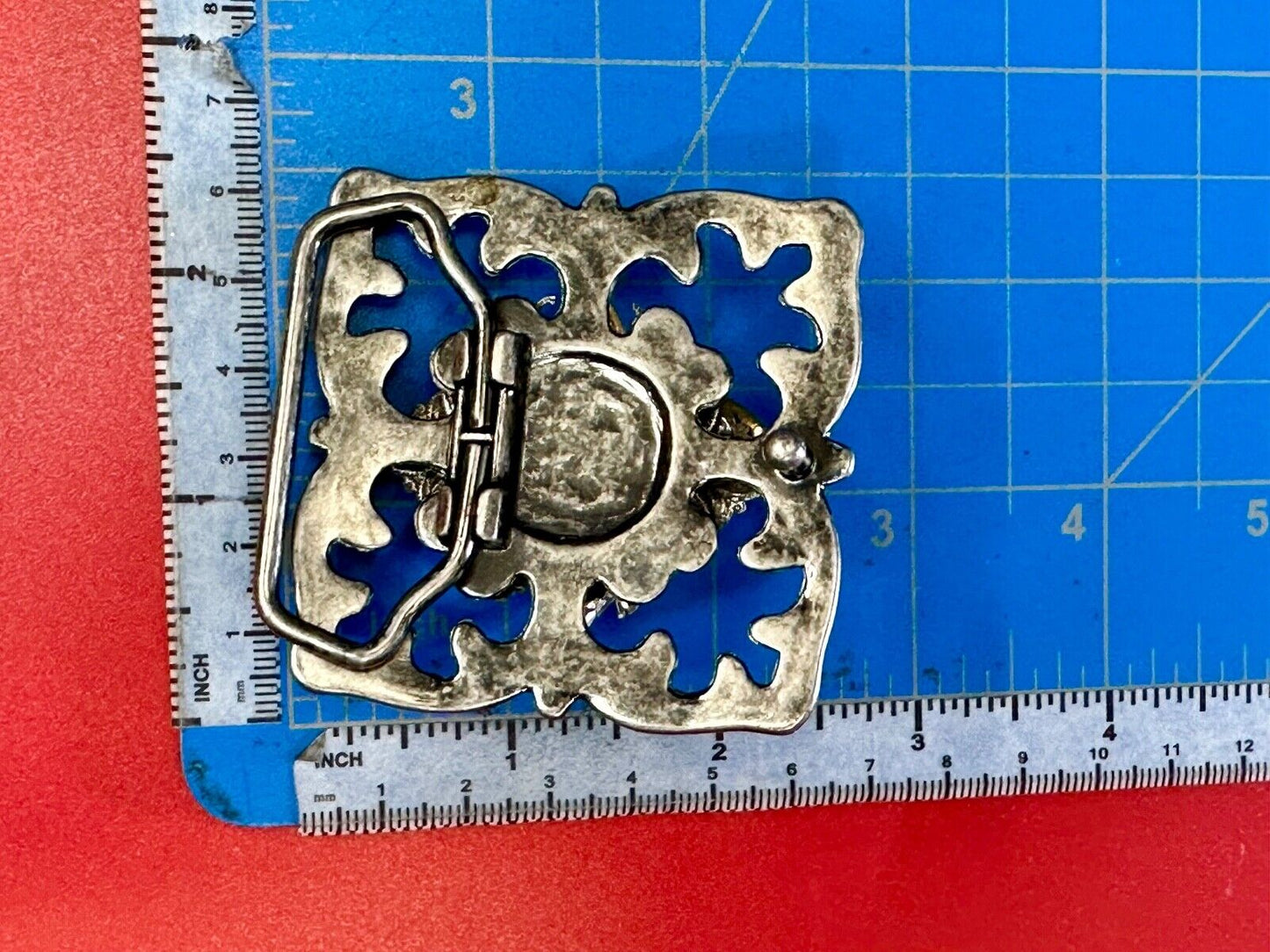 Artisan unique rhinestone mixed media see through silver tone belt buckle