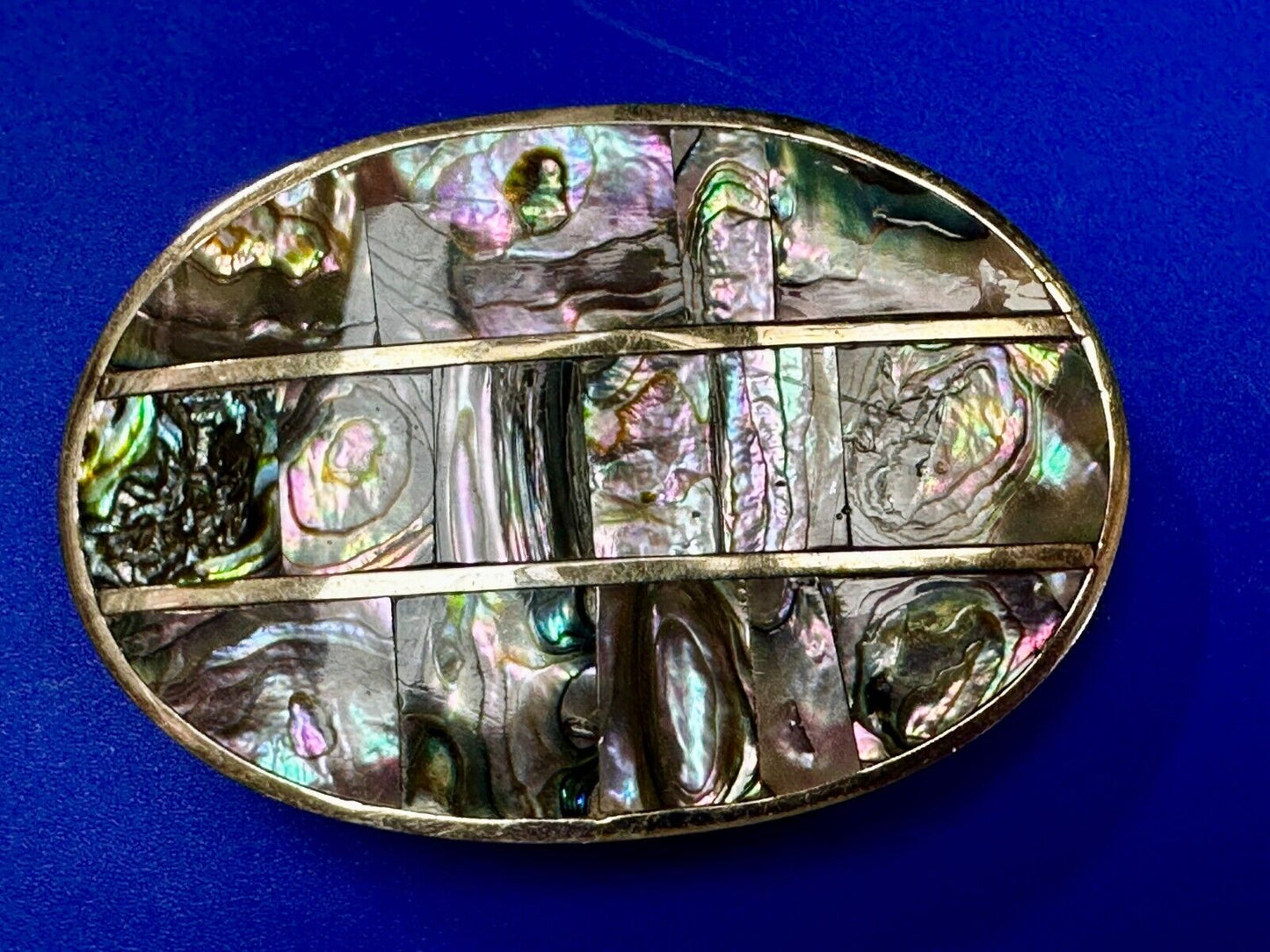 Artisan Natural Abalone Shell Vintage Belt Buckle Stamped Alpaca Mexico