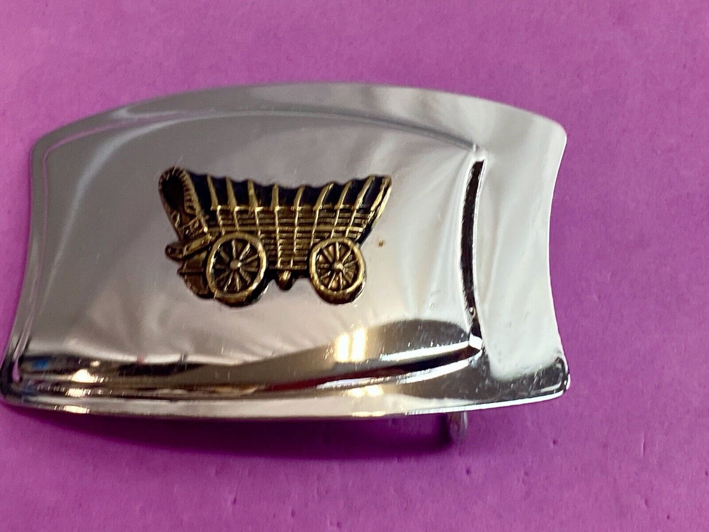 Vintage Covered Wagon Train Style Mirrored Belt Buckle Western Cowboy