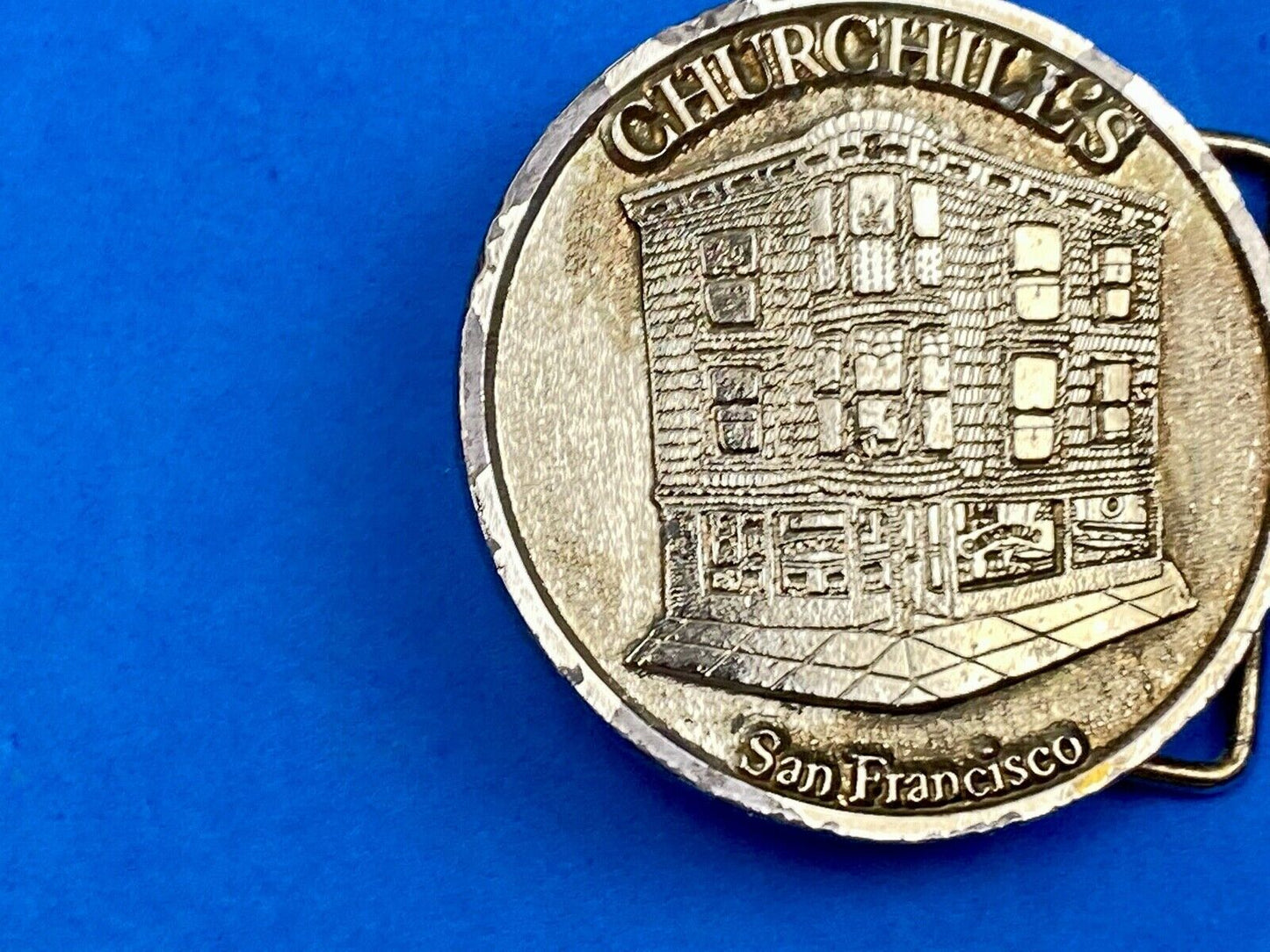 Vintage Churchill's San Francisco belt buckle by American pewter works the bar?