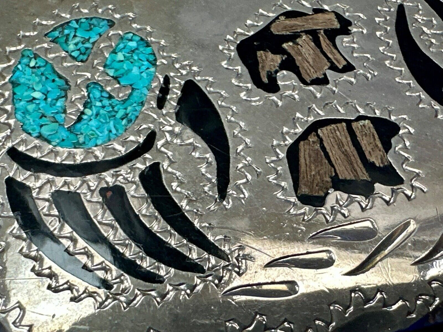 Bear - Paw Figure vintage inlaid turquoise chip & black Enamel belt buckle
