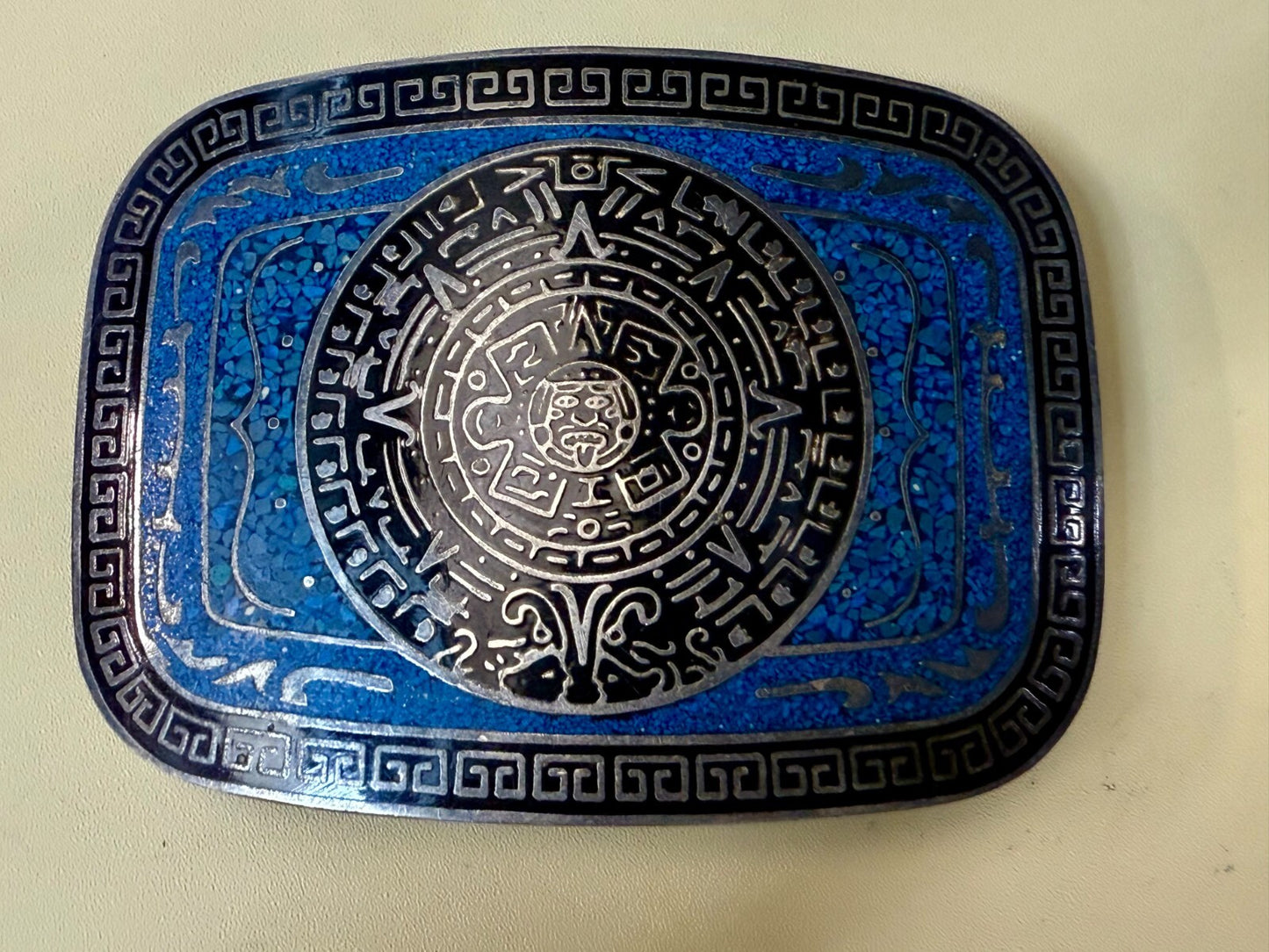 Aztec Mayan Calendar Turquoise Chip Inlay Tribal Art Belt Buckle Mexico Made