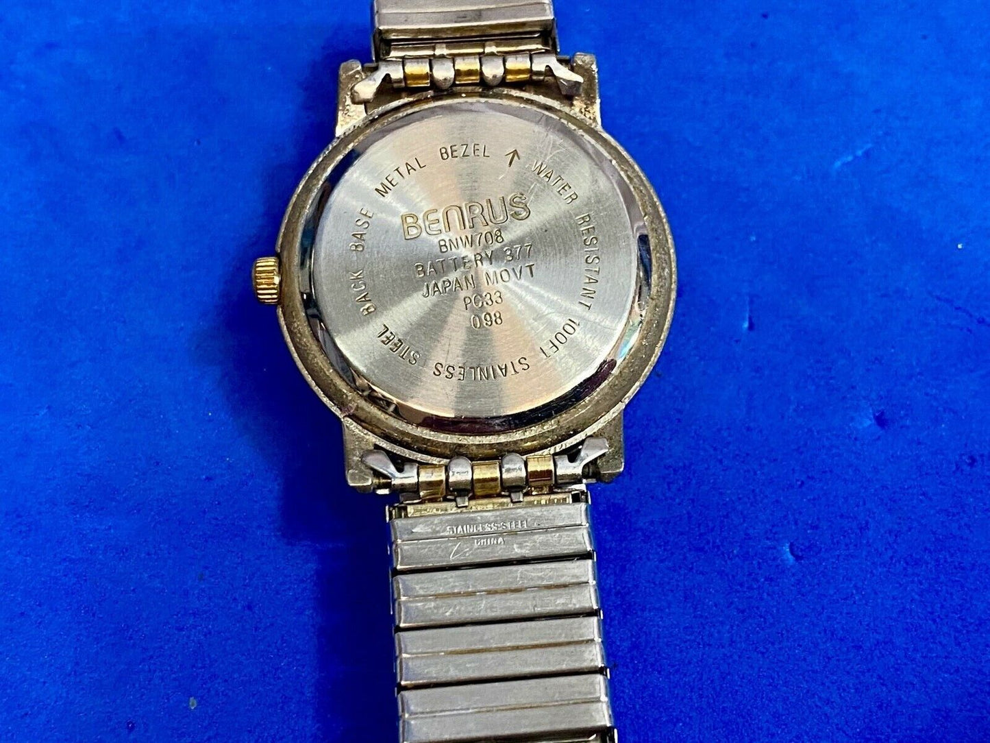 Benrus Day Date Bnw708 Two Tone Stretch Band Watch Working Well, Fresh Battery!