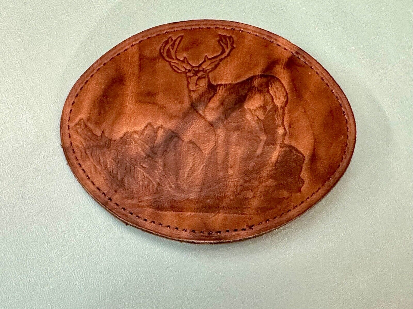 Vintage DEER in Nature, Hunters Leather oval LARGE belt buckle
