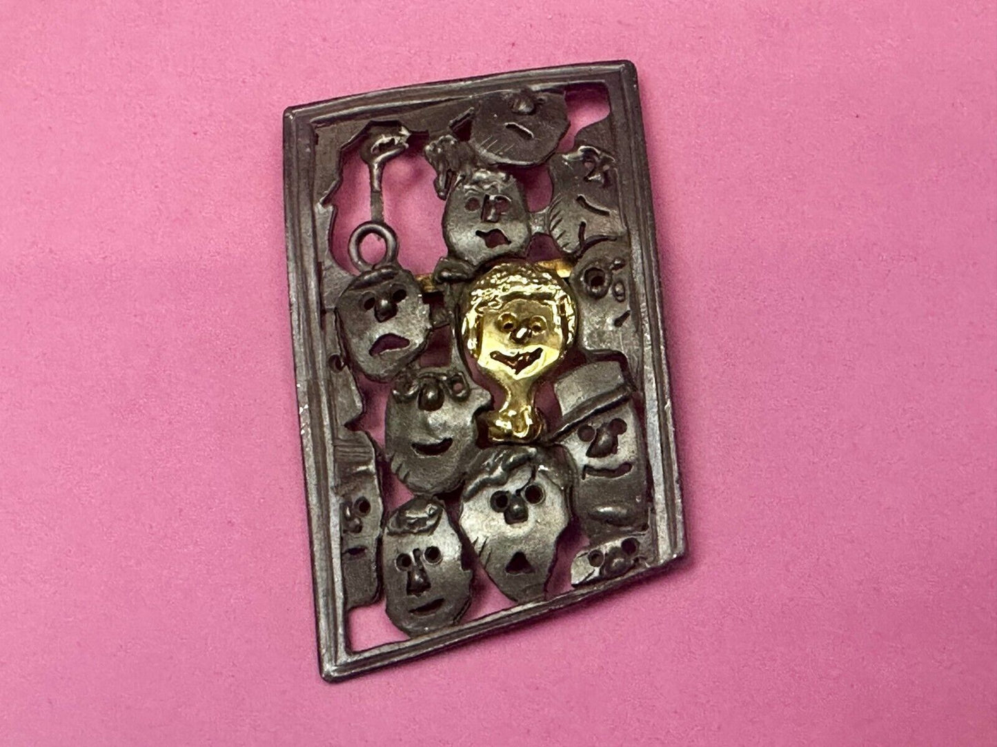 The Standout! Many Faces in Asymmetric Frame Vintage Pewter Brooch Pin by Ultra