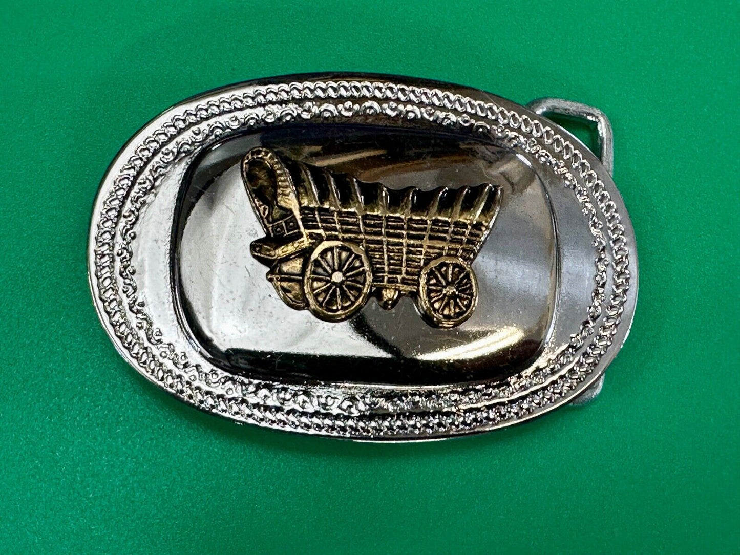 Vintage Covered Wagon - western two tone outlined belt buckle