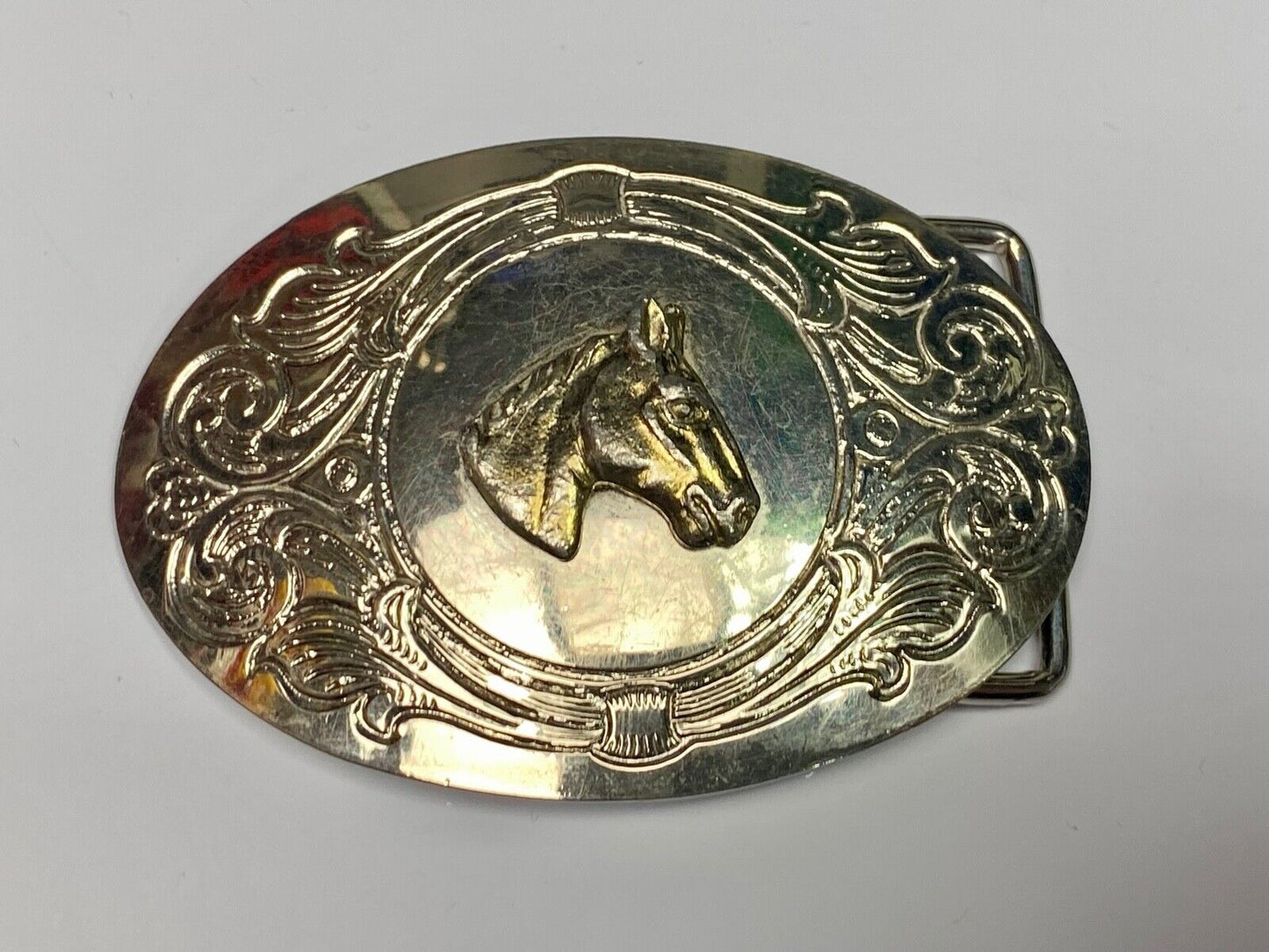Beautiful Horse Bust Head Mixed Metal On Ornate Western Belt Buckle