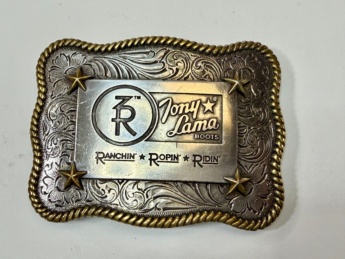 3R Ranch Ropin Ridin Gold Silver Tone Promotional Western Tony Lama Belt Buckle
