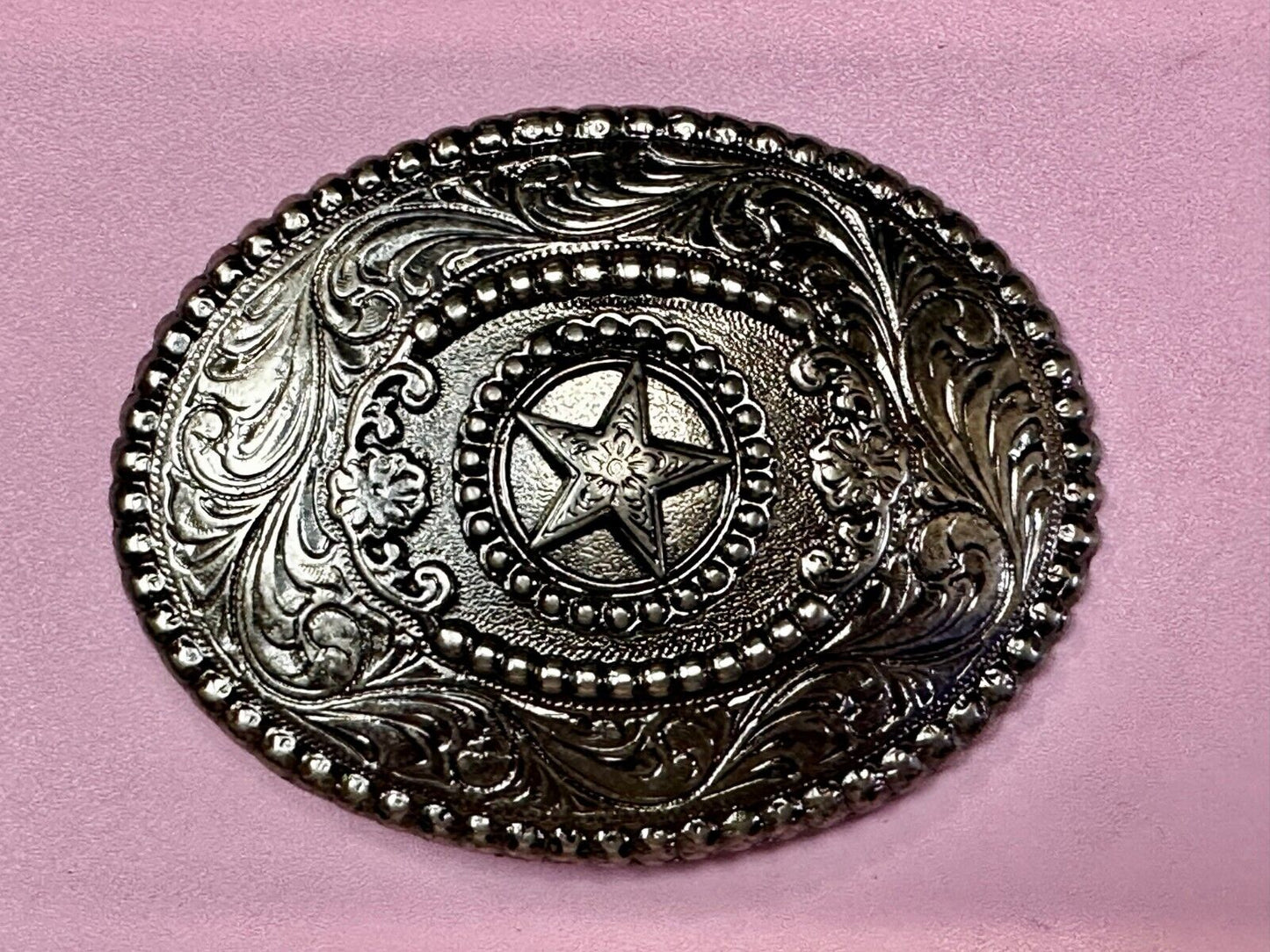 The Lone Star Centered In Oval Flower Swirl Silver Tone Belt Buckle