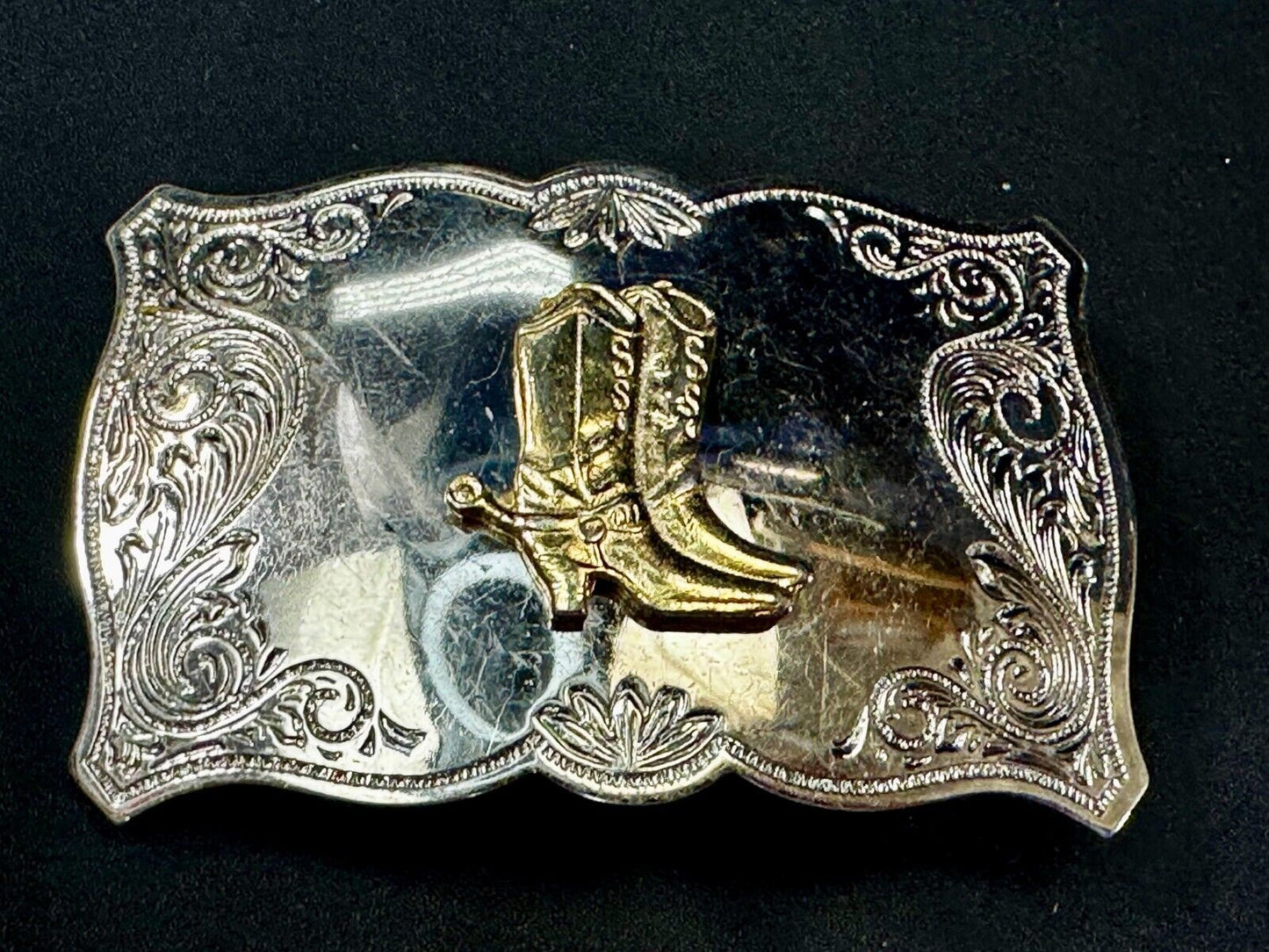 Vintage Cowboy Boots Engraved Swirl Border Two Tone Western Style Belt Buckle