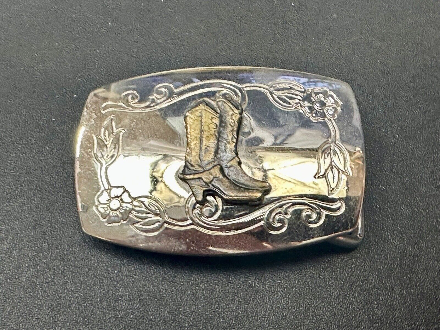 USA made Western Cowboy boots on reflective two tone vintage belt buckle