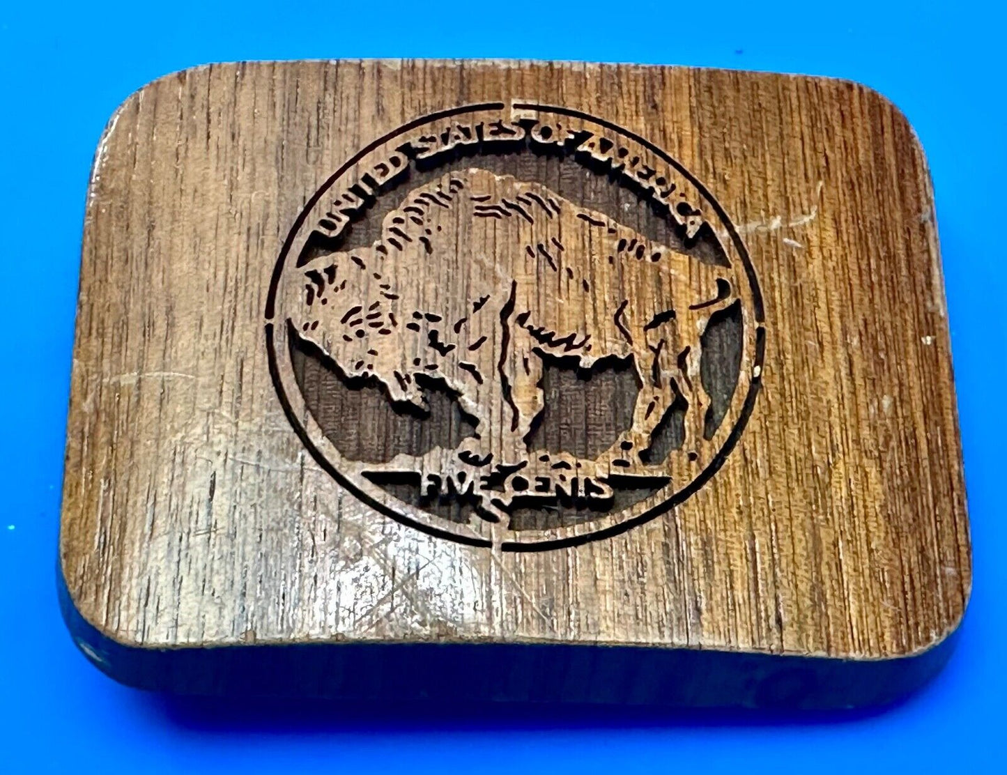 Vintage Buffalo Nickel Five Cents Wood Laser Engraved Lazercraft Belt Buckle USA