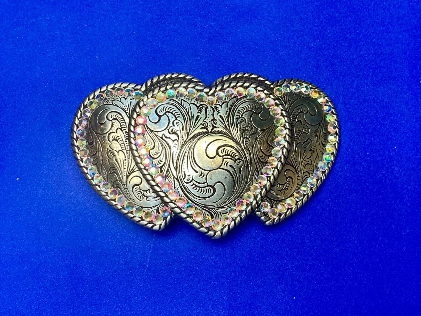 Three Hearts - Ornate Shaped Cowboy Cowgirl Rhinestone Accented Belt Buckle