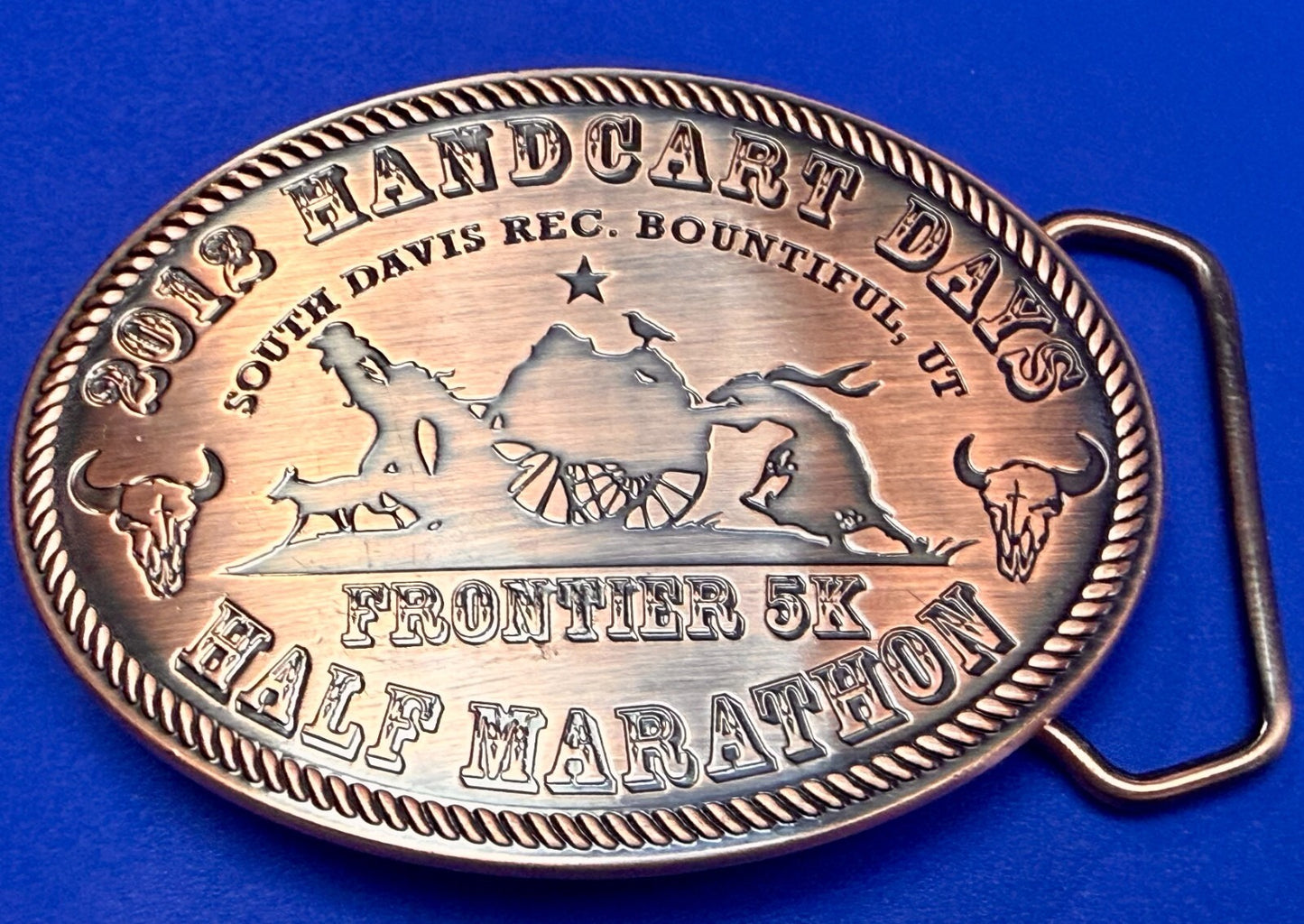 2012 Handcart Days Frontier 5K Half Marathon South Davis Utah Belt Buckle