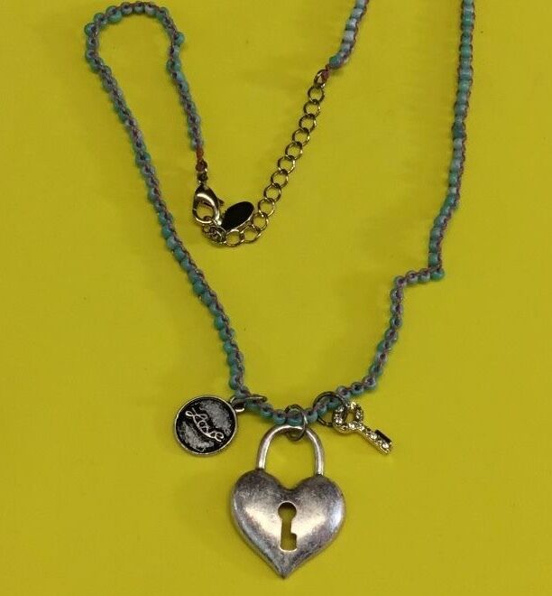 AEO silvertone locket heart pendant key beaded necklace Dual double American