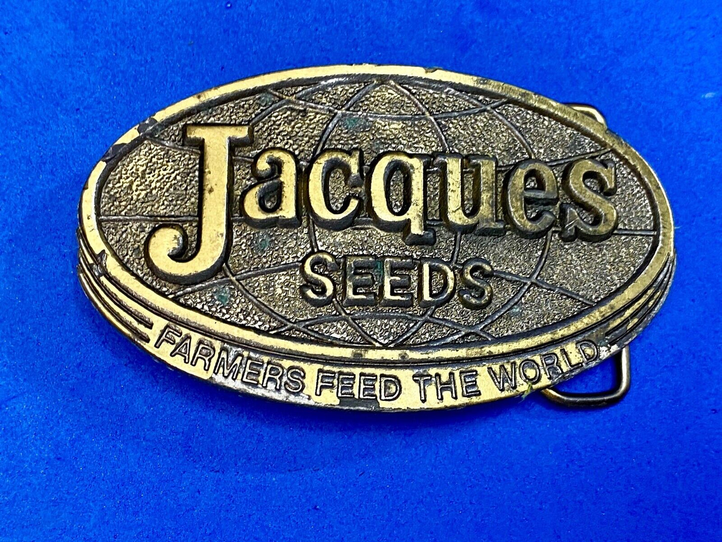 Vintage 1977 Jacques Seeds Farmers Feed The World Brass Tone Belt Buckle