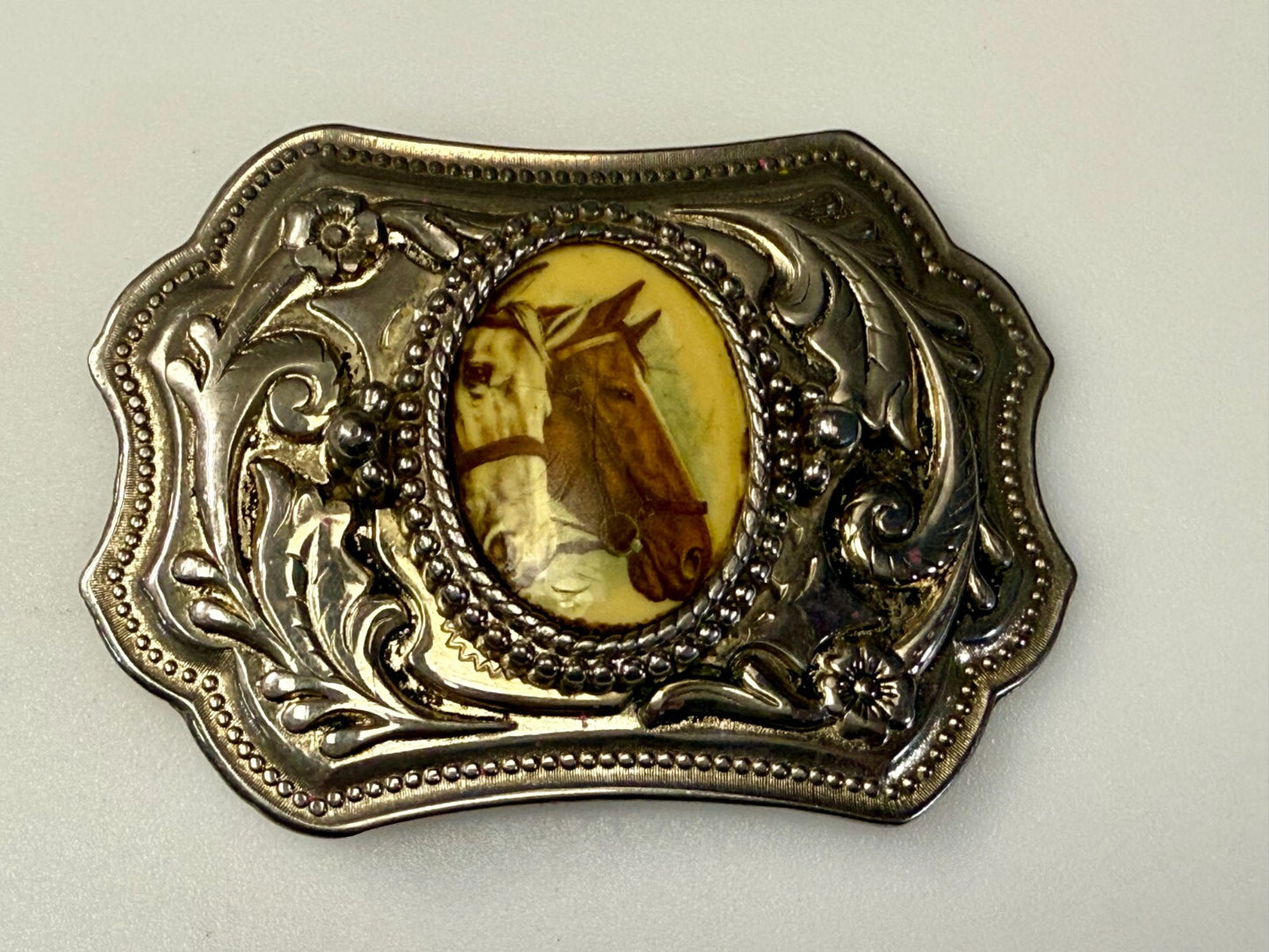 Beautiful Two Horse Head Picture Cabochon Centerpiece Western Ornate Belt Buckle