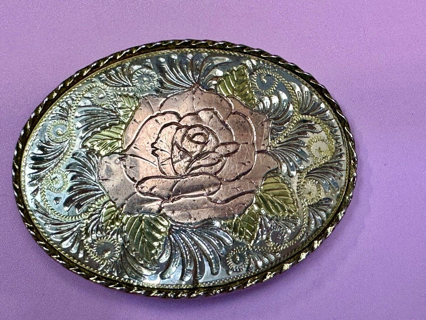 Beautiful Rose - Vintage mixed metal Western flower swirl theme Belt Buckle - W
