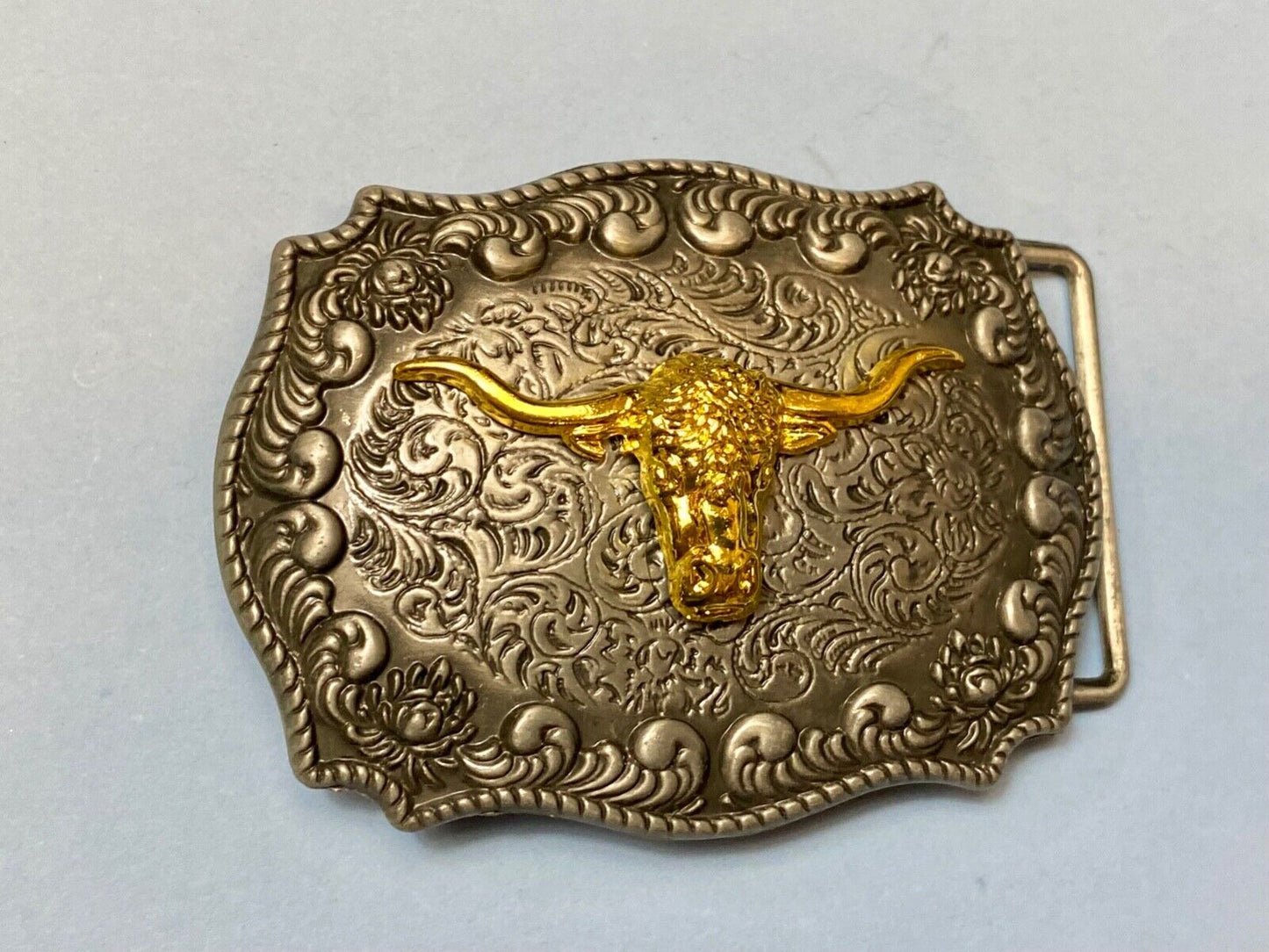 Texas longhorn western raised steer cow two tone 3.5" wide belt buckle