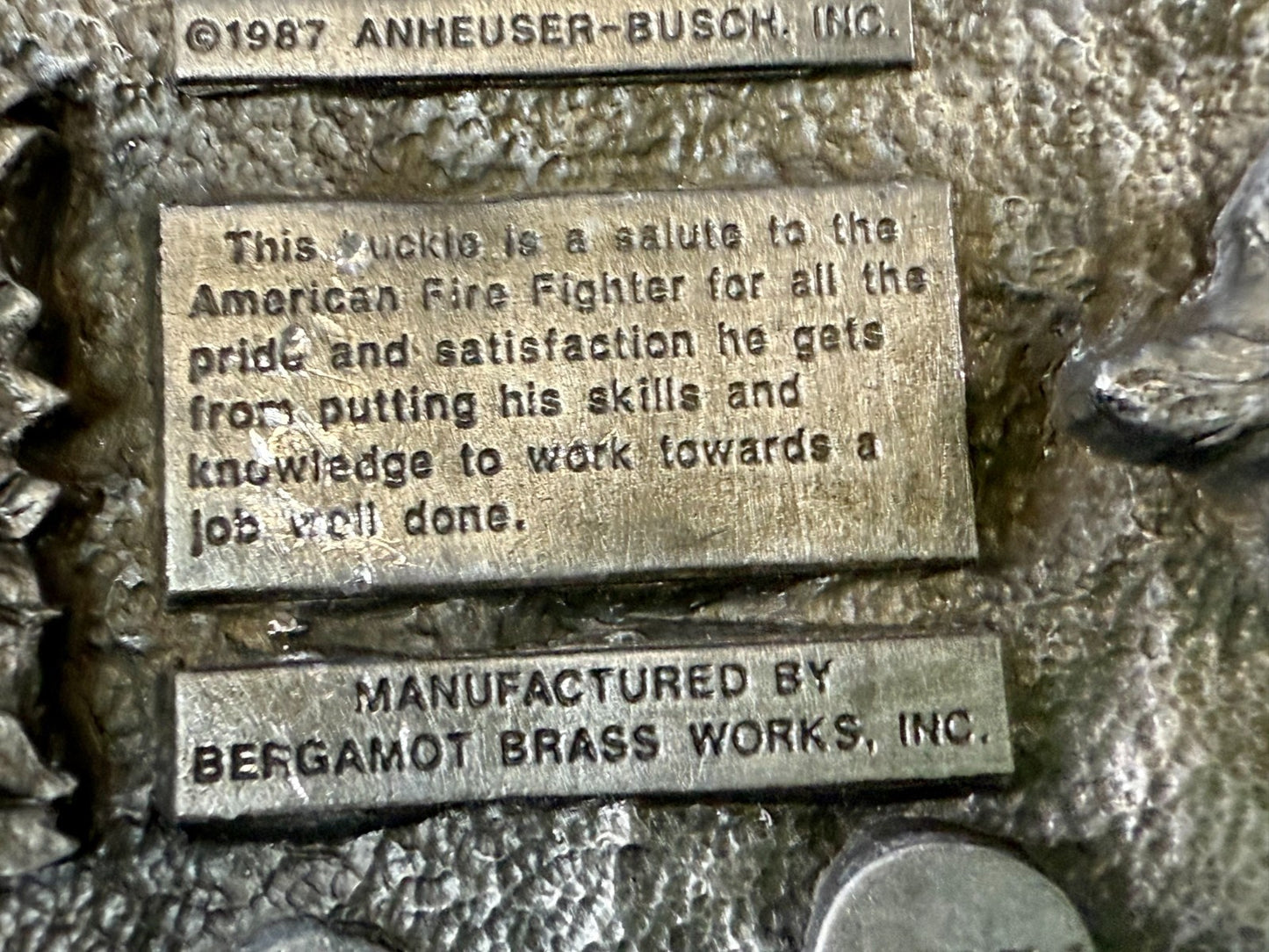 This Bud's For You The American Fire Fighter Anheuser-Busch Inc 1987 Belt Buckle