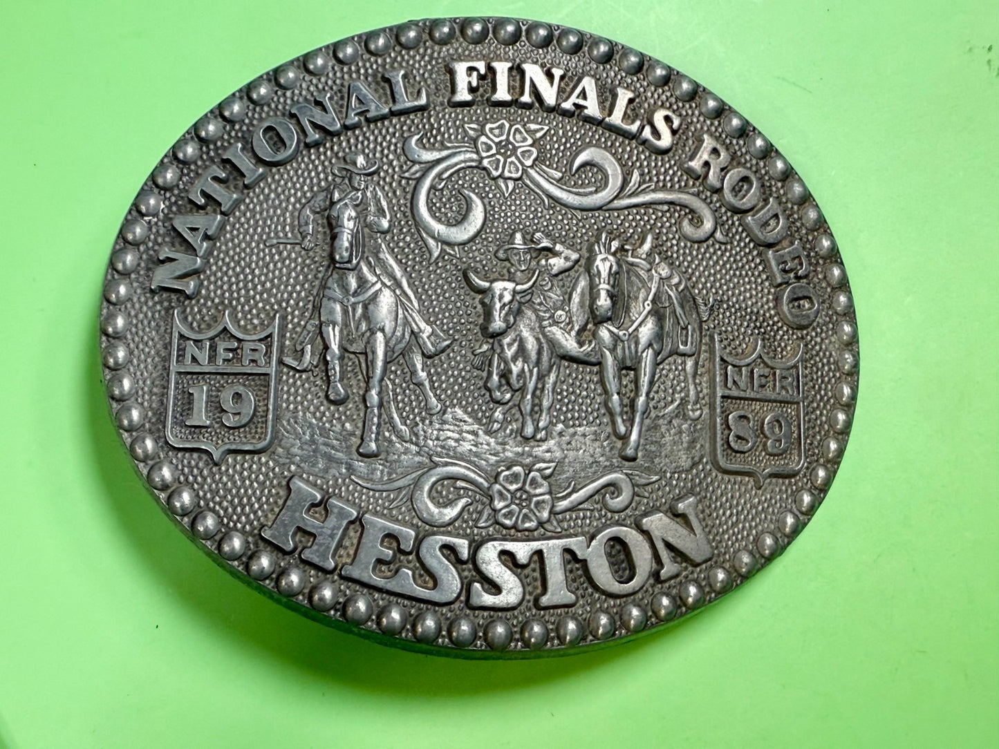 1989 Hesston NFR National Finals Rodeo Award Design Medals Vintage Belt Buckle