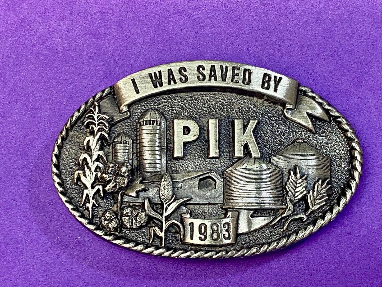1983 "I Was Saved By PIK" Farm Agriculture Belt Buckle Iowa Premium & Supply Co