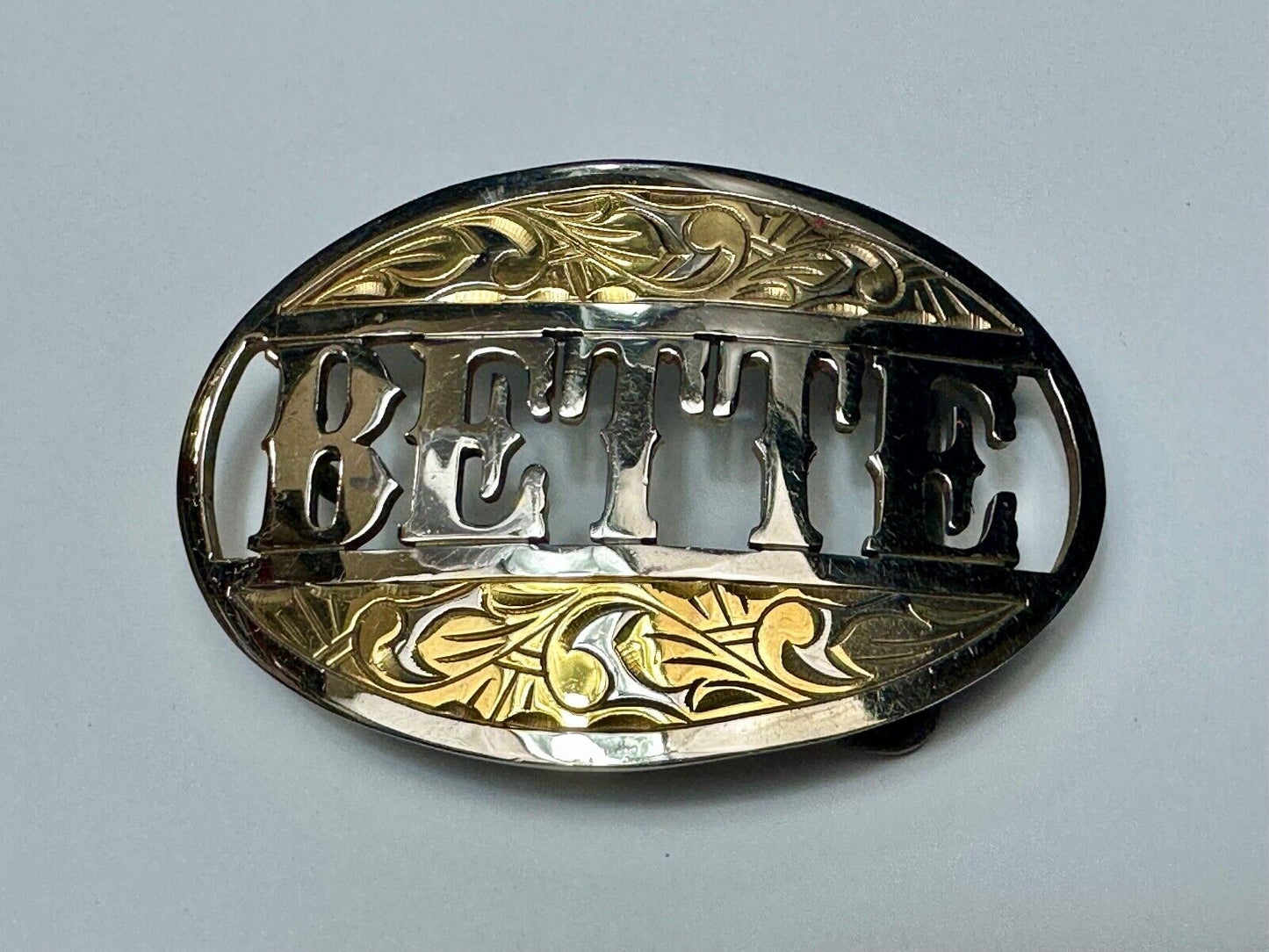 BETTE - custom name on western two tone cutout see through vintage belt buckle