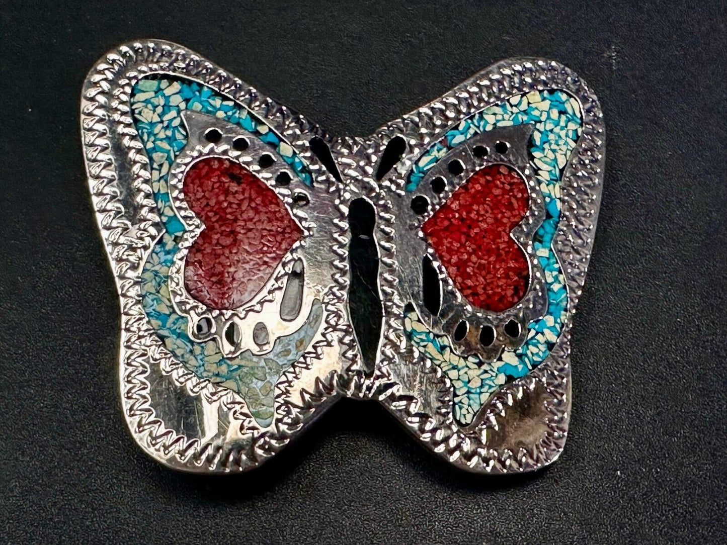 Beautiful Butterfly Figural Turquoise Coral Chips Inlay Cutout 3" Belt Buckle