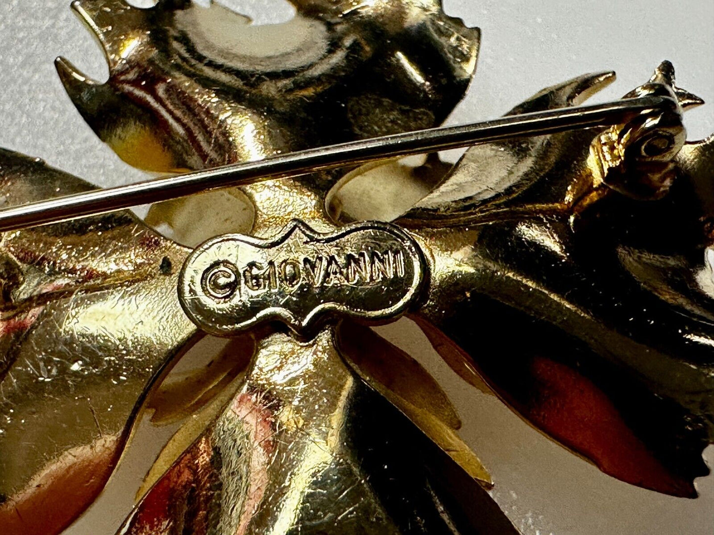 Beautiful Carnation Flower Cutout Gold Tone Brooch Pin Signed by Giovanni