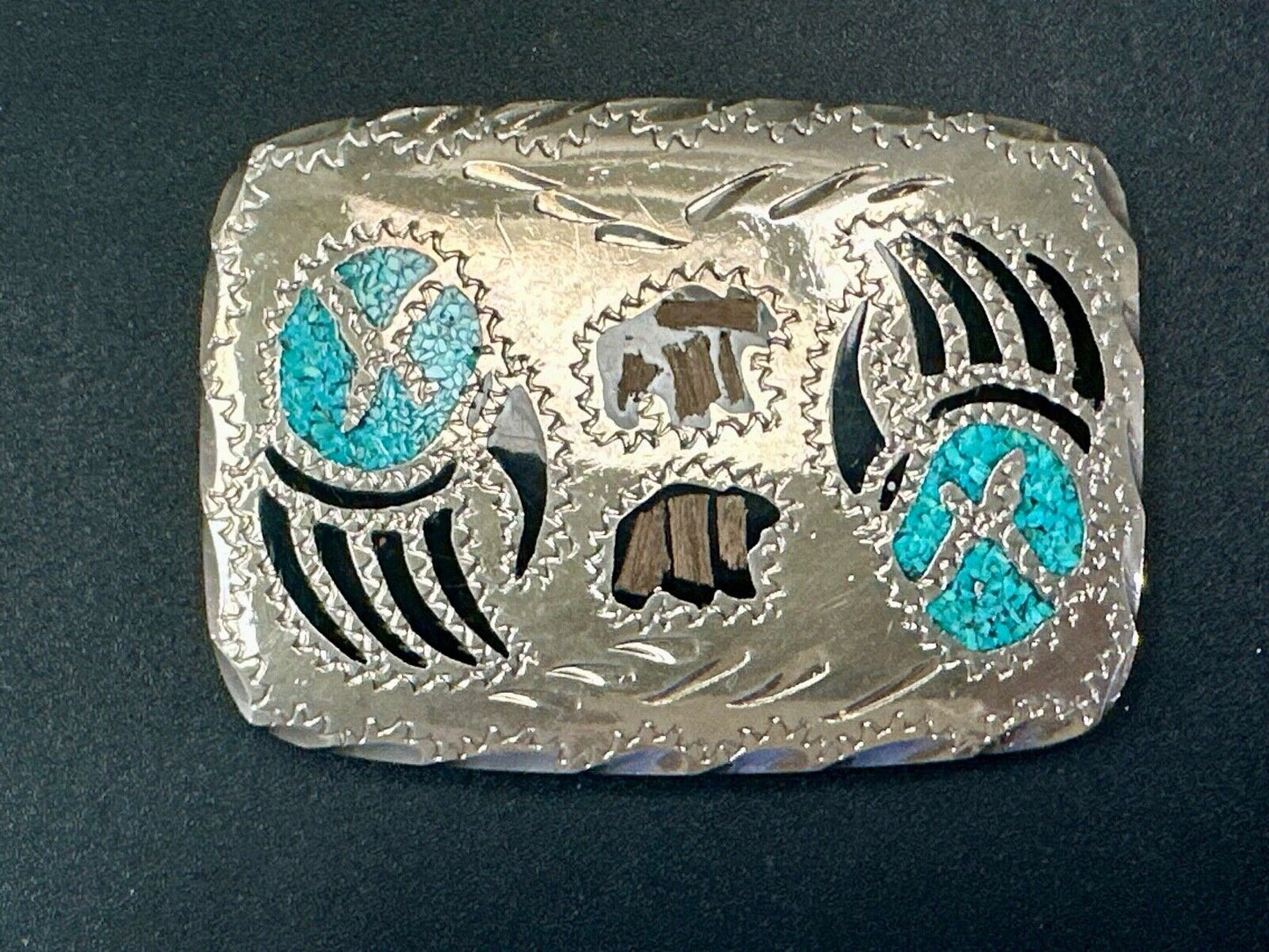Bear - Paw Figure vintage inlaid turquoise chip & black Enamel belt buckle