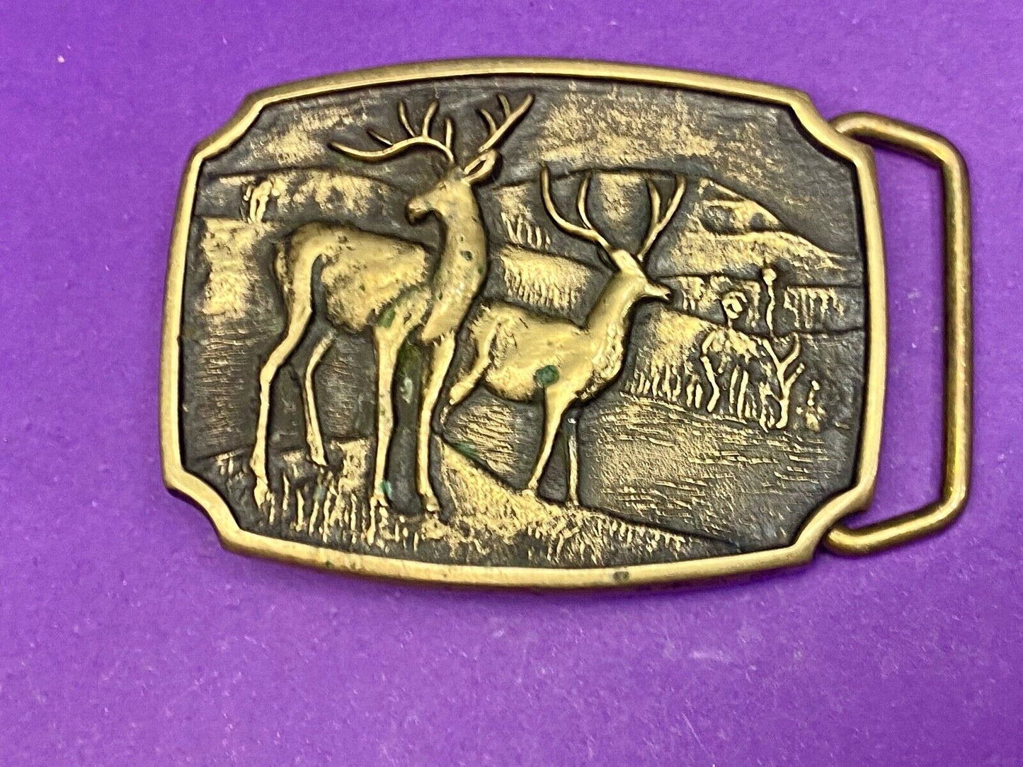 Vintage 1978 Deer in nature BTS solid Brass belt buckle