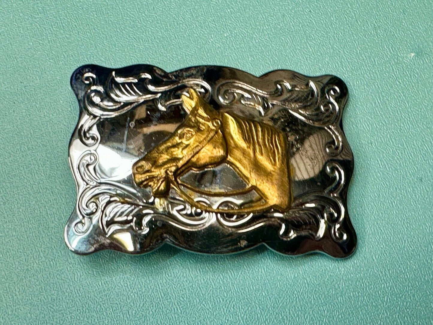 Vintage Chambers Horse head - two tone stamped rectangular belt buckle