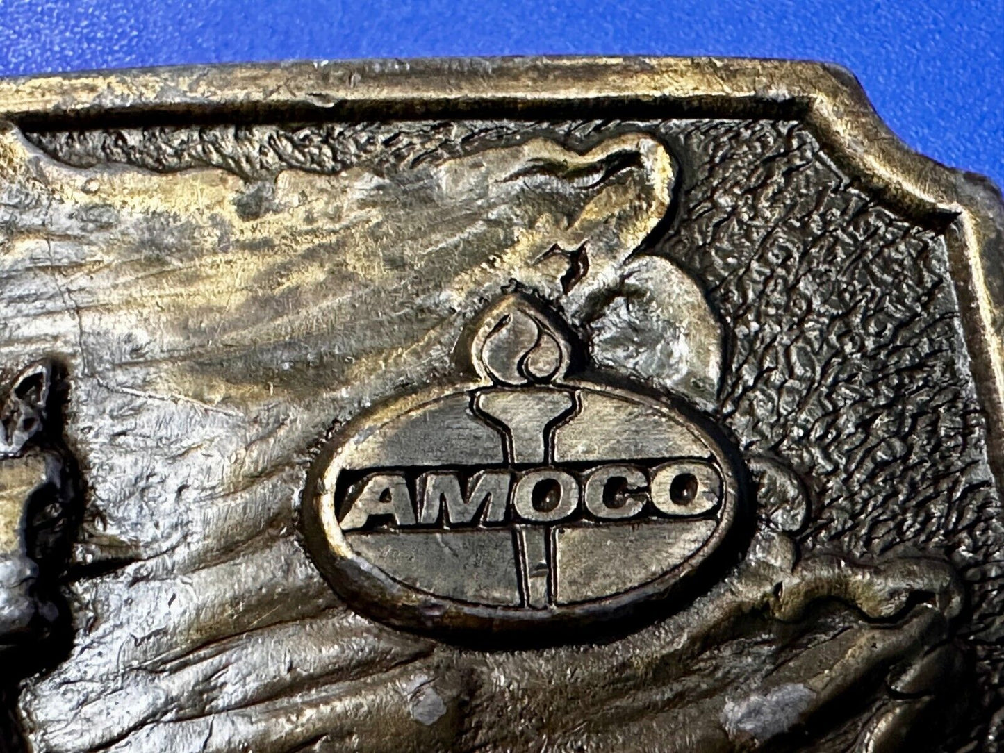 Amoco Oil Tall in the Saddle Wagon Brass Tone Western Cowboy Horse Belt Buckle