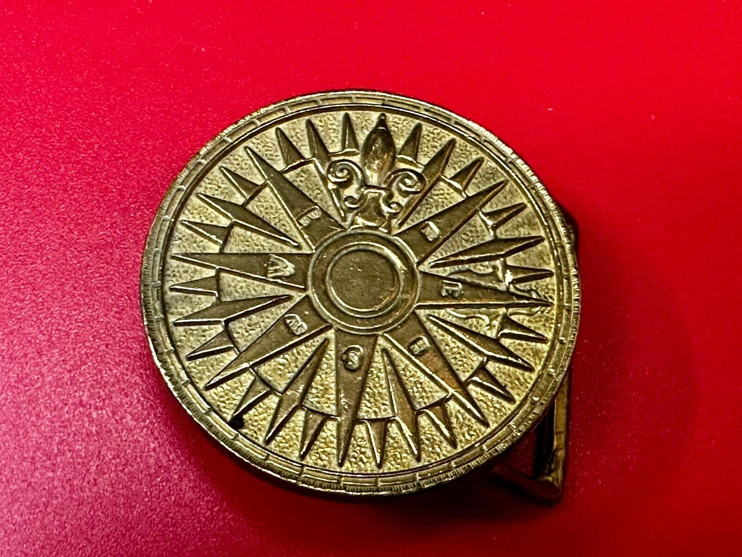 Artist Signed Fleur De Lis Compass Sun Dial Hippie Boho Solid Brass Belt Buckle