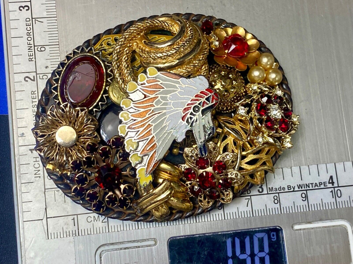 Beautiful steampunk mixed material rhinestone covered oval belt buckle