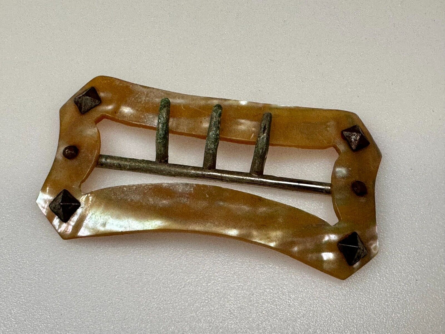 Three Prong Antique Vintage Mop Mother Of Pearl 3" Wide Belt Buckle