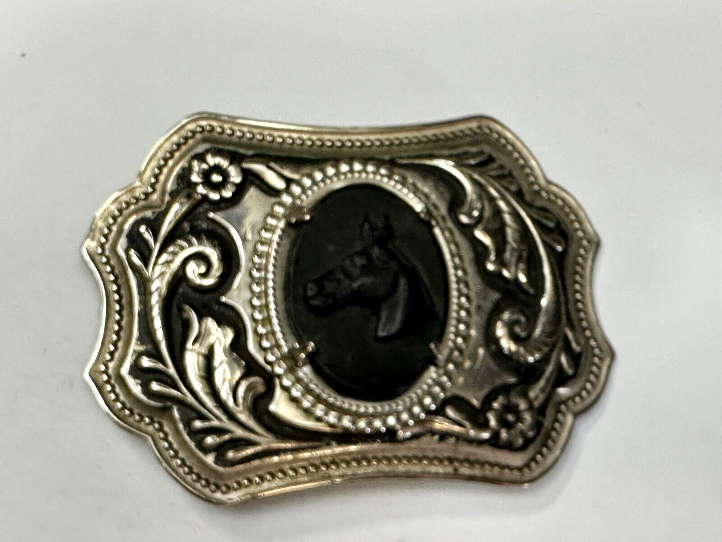 Black Horse Head Cabochon Cab Shaped Centerpiece on Western Belt Buckle