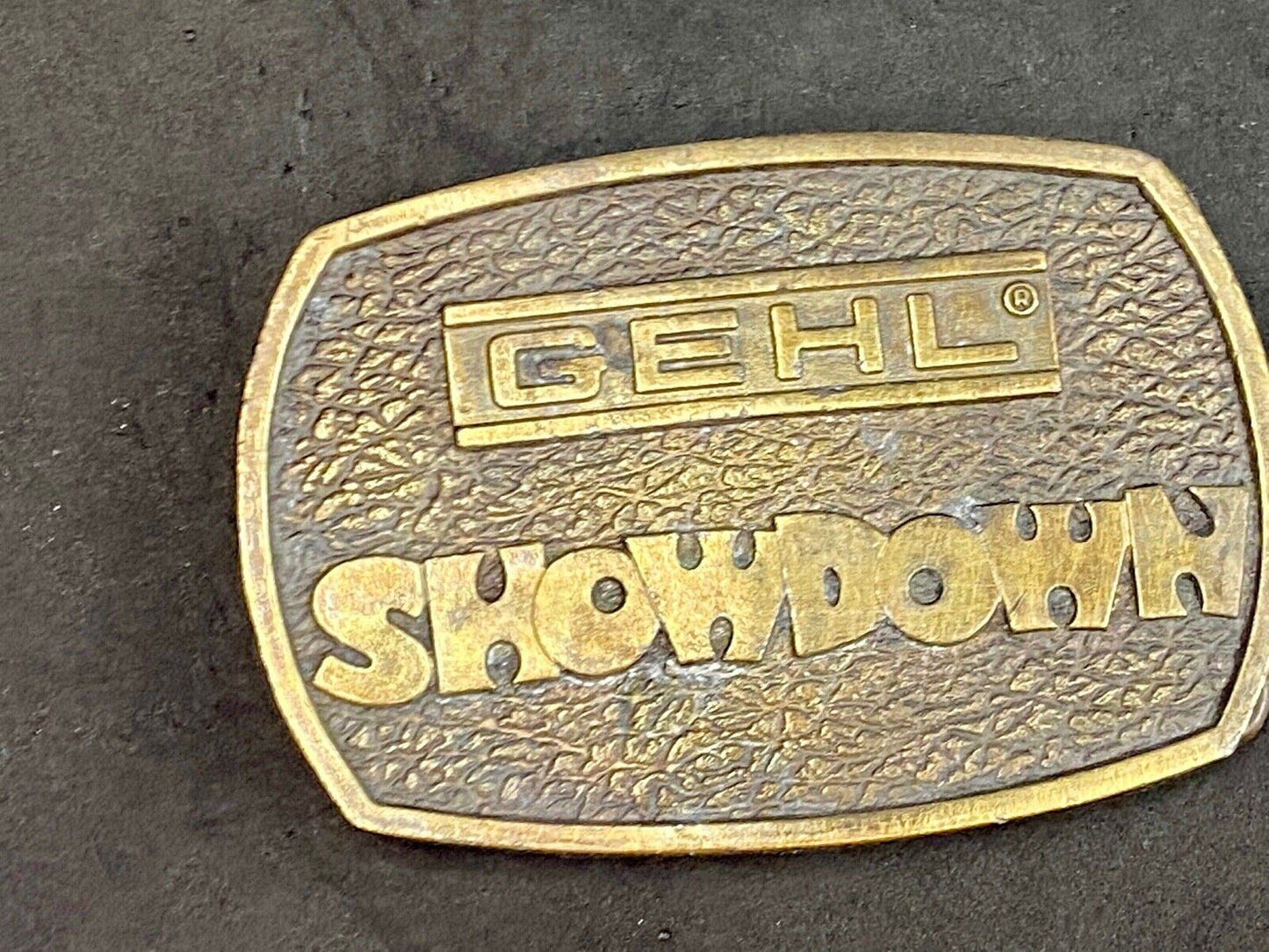 Vintage 1976 GEHL Showdown belt buckle by Bergamot - Farm Equipment Machinery