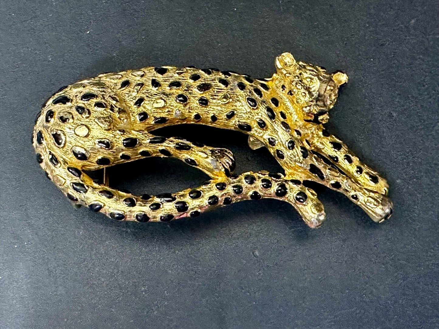 Vintage 1987 MIMI Di N Large Tiger Buckle Animal Gold Tone Black Enamel Spots