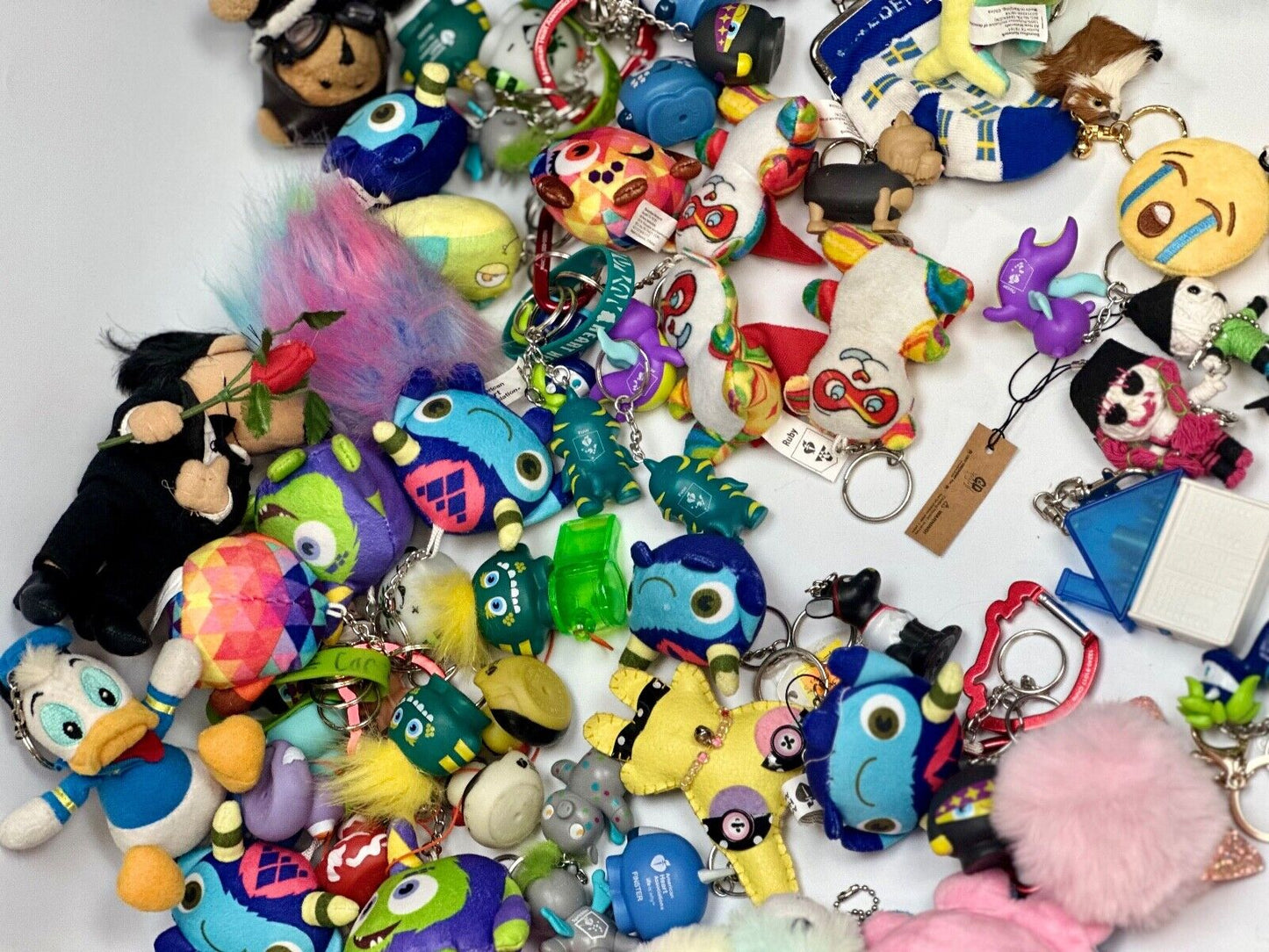 Around 75 plush doll Keychains Resale Bulk Lot, Junk Drawer Grab Bag