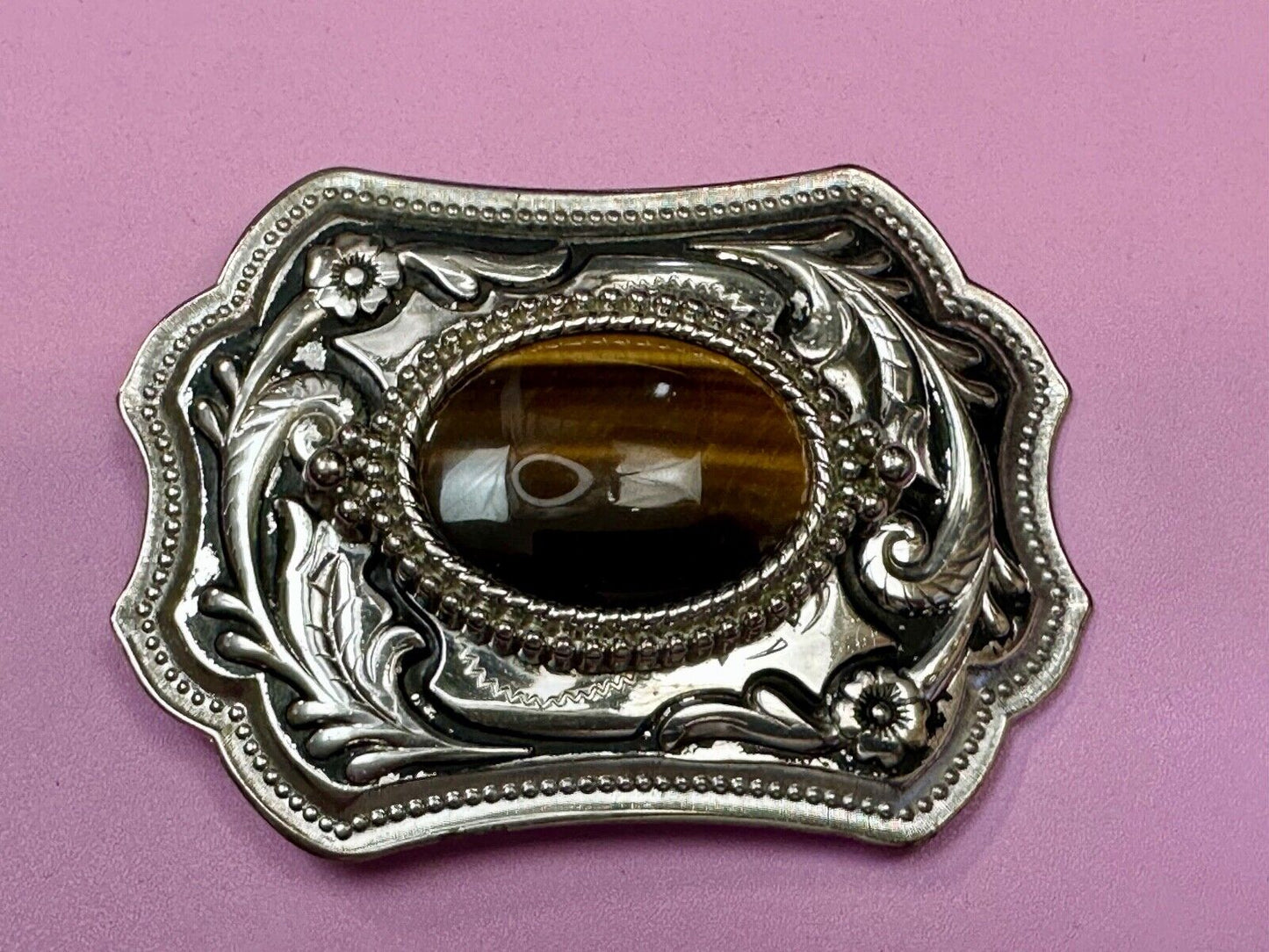 Tiger's Eye Vintage Horizontal Cabochon Cab Stone on Western Belt Buckle