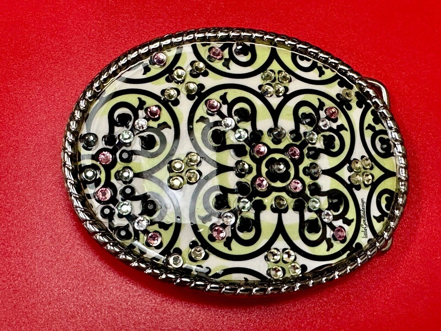 Artisan western oval girlie pink & green rhinestone accented belt buckle