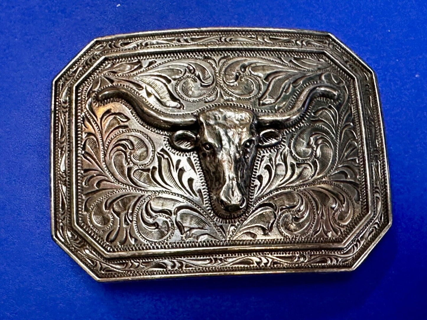 Texas Longhorn Cow Head Steer Ornate Silver Color Western Cowboy Belt Buckle