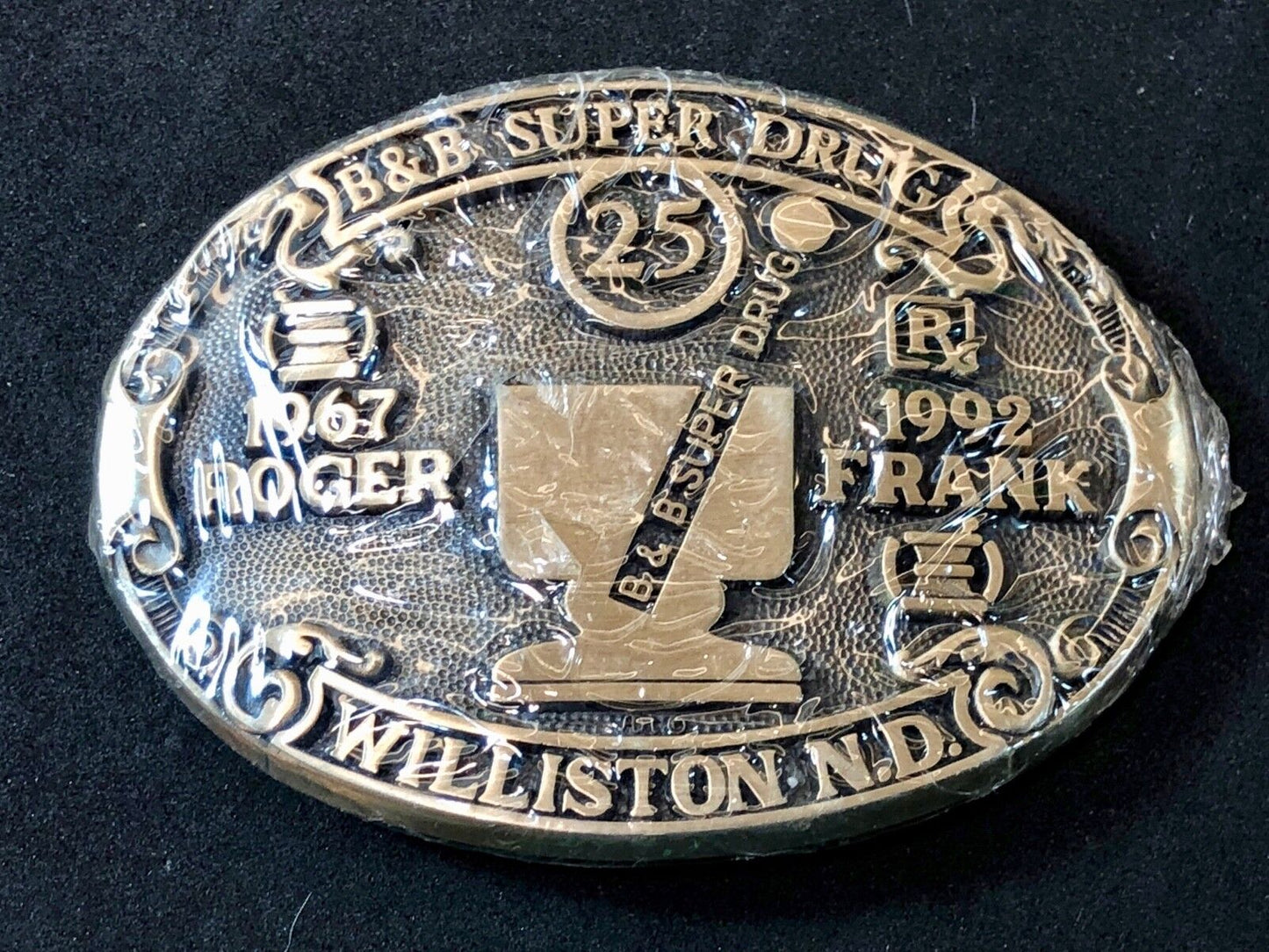 B&B Super Drug Store Roger Frank Williston ND Belt Buckle Advertising Promo