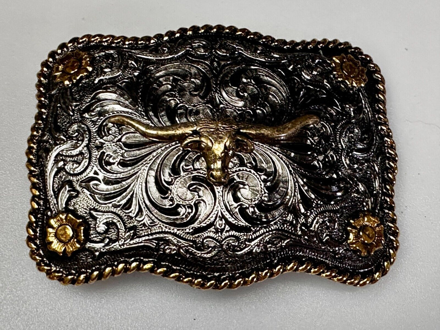 Texas Longhorn Centerpiece Two Tone Ornate Floral Themed Belt Buckle