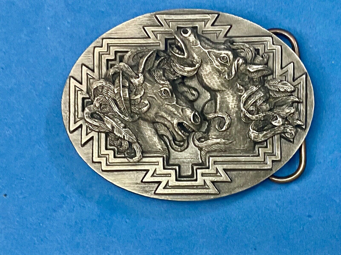 1995 Two Horse Head's Native American Indian Feather Bergamot B-256 belt buckle
