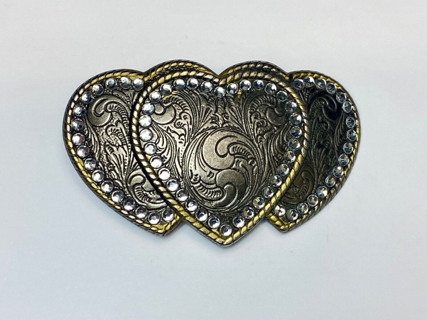 Three hearts ornate flower swirl belt buckle with thick rhinestone boarder