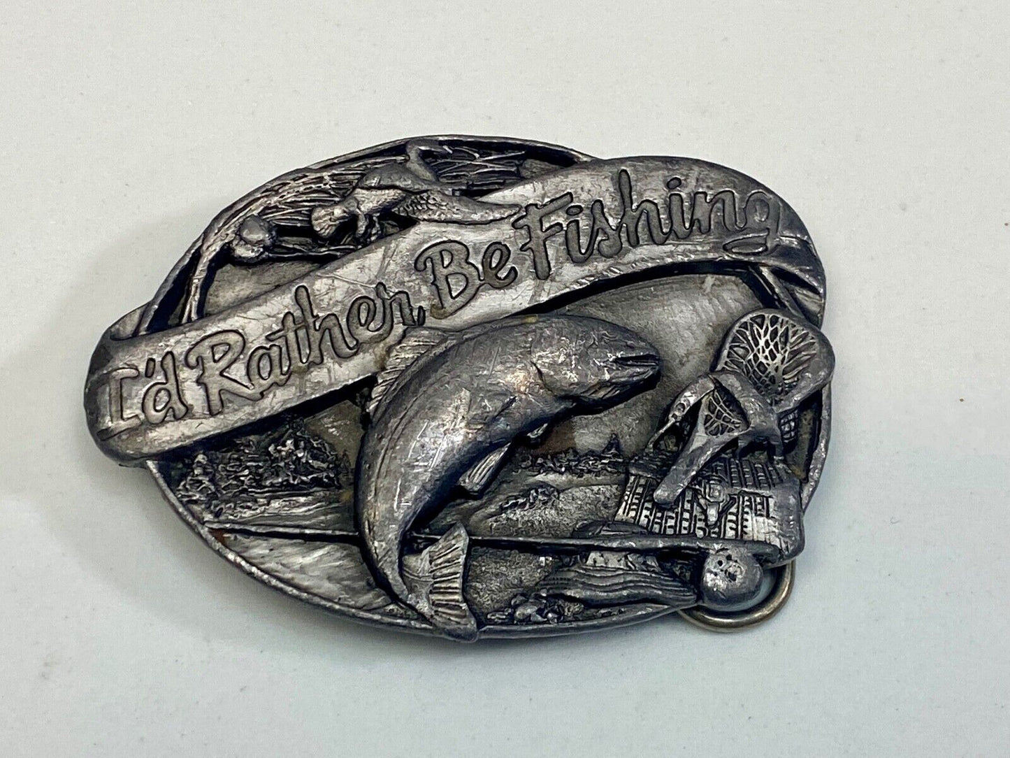 Vintage 1985 "I'd Rather Be Fishing" M-30 Pewter Belt Buckle - Perfect Gift!